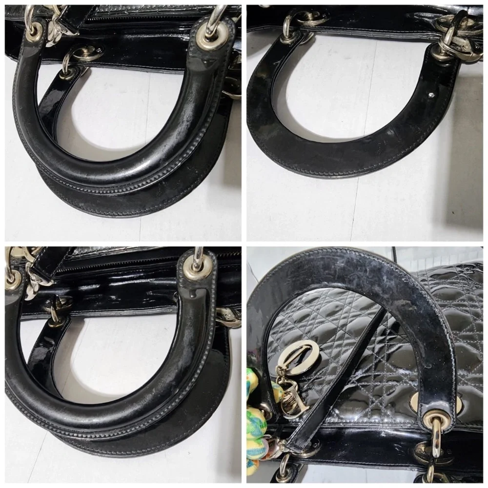 Authentic CHRISTIAN DIOR Patent Cannage Large Lady Dior Satchel Bag Black